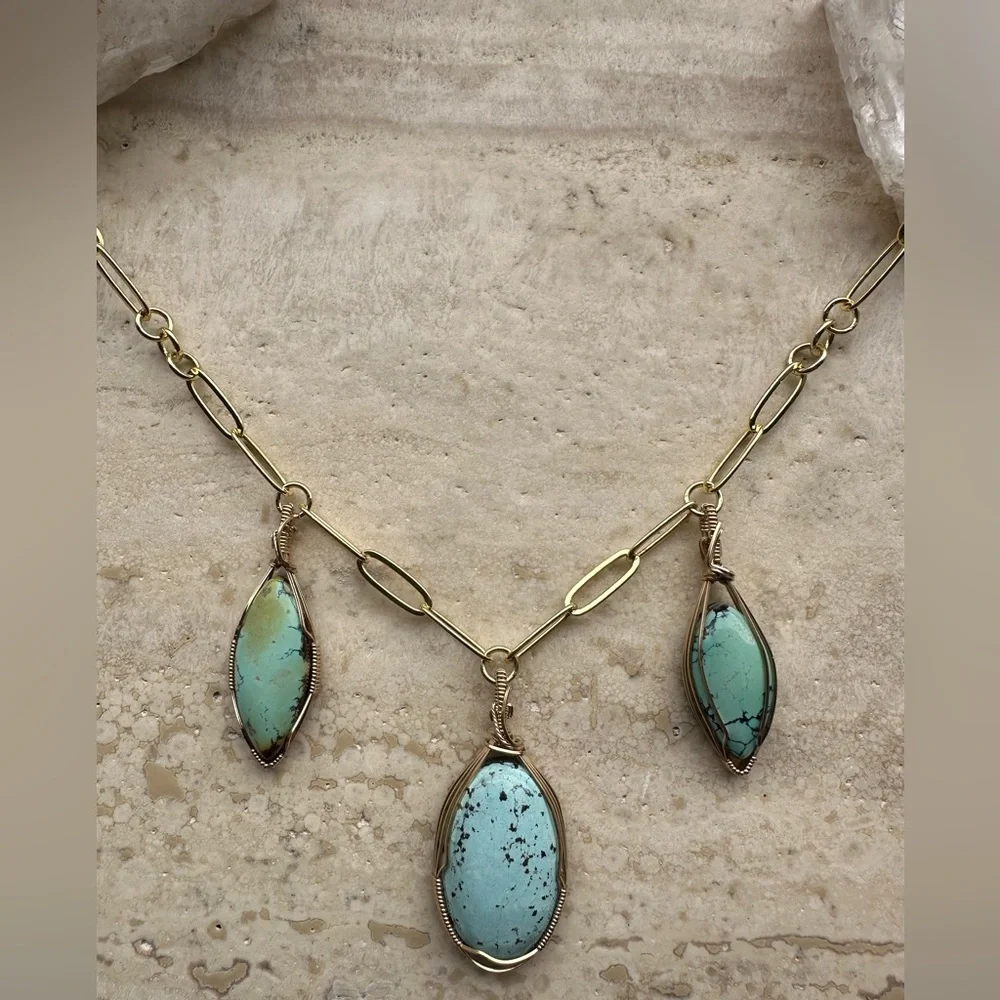 14k Gold Filled Gypsy Boho Turquoise Angel Paperclip Necklace